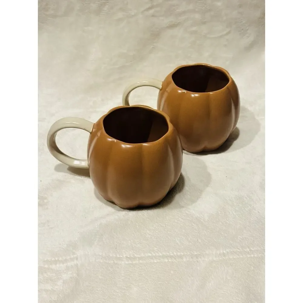West Elm Stoneware Pumpkin Mug Set; Terracotta Cream Handles Fall Festive